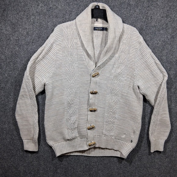 Nautica Beige Sweater Men's L arge Shawl Collar Short Cardigan Cotton - Picture 1 of 12